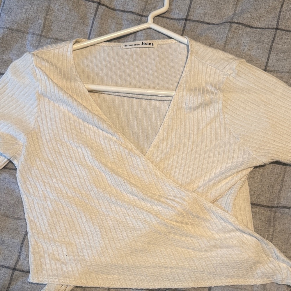 Reformation Cream Ribbed Wrap Blouse